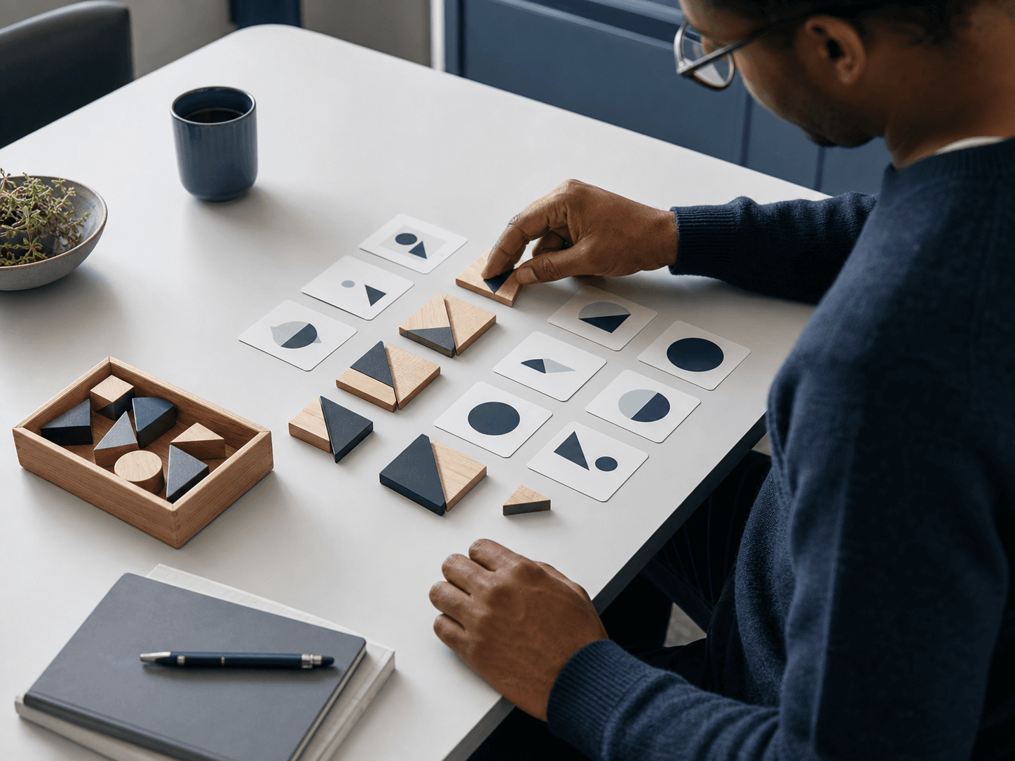 An adult working through a tactile abstract reasoning puzzle